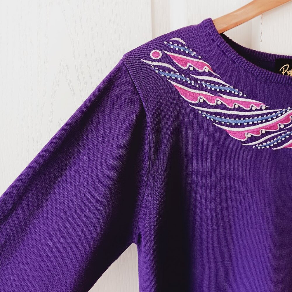 Bob Mackie's Women's Purple Beaded and Embroidered Scarf Sweater Size S - Picture 3 of 15